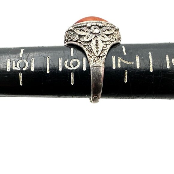 Vintage Chinese Export Carnelian Sterling Silver Filigree Adjust Ring Set at 6.5 - Picture 7 of 7